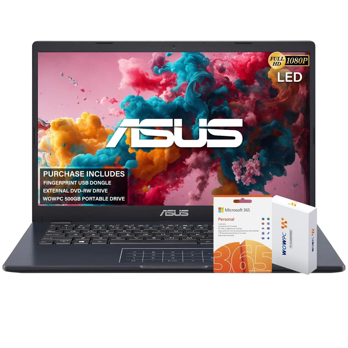 ASUS 14" Laptop FHD, Procesador Intel Celeron N4500, Windows 11 Home, MS Office 365, 4 GB RAM, 1 TB Almacenamiento (500 GB Disco Externo + 64 GB eMMC + 512 GB SSD), con DVD Externo WOWPC y Lector de Huellas VivoBook