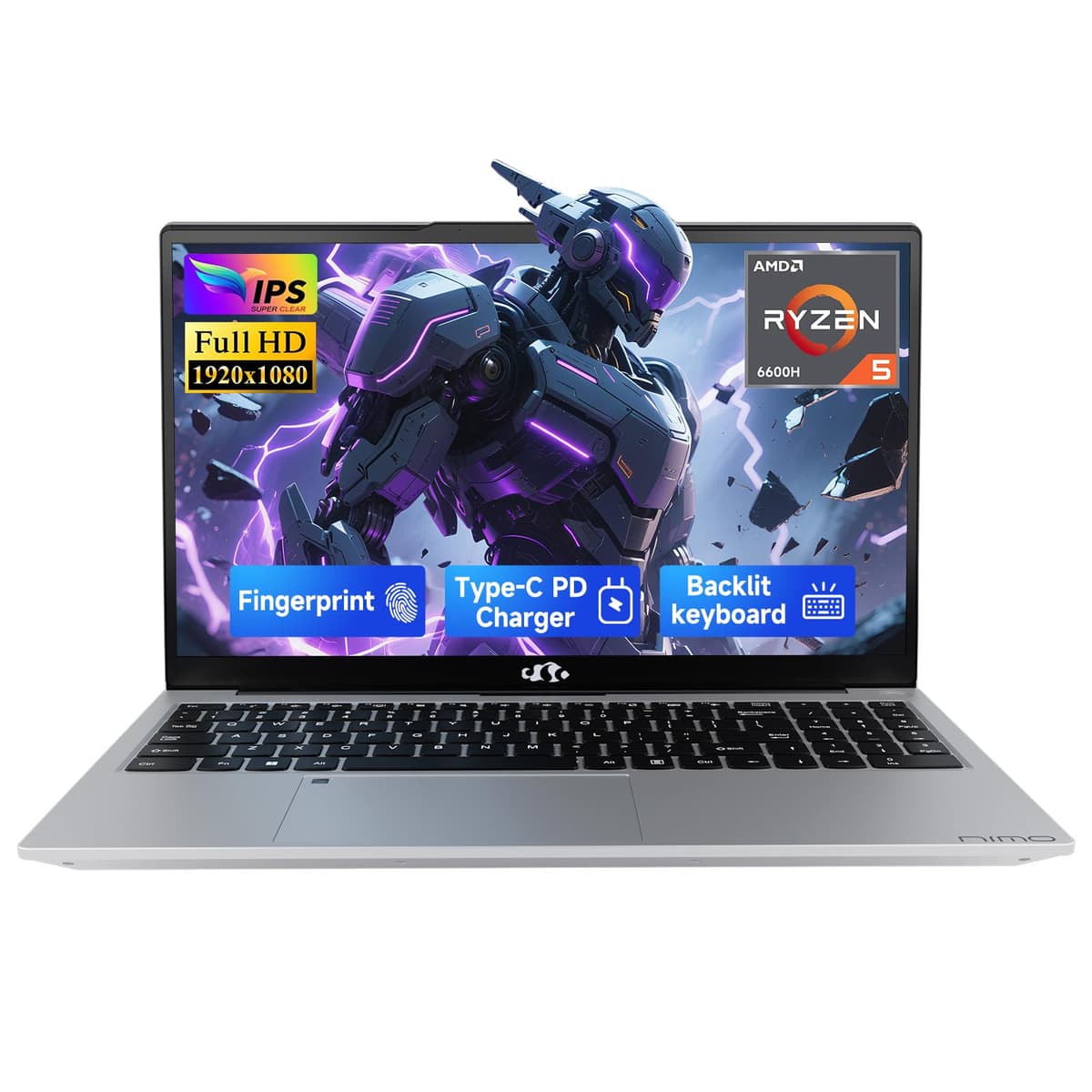 NIMO Laptop para Gaming 15.6" IPS FHD, AMD Ryzen 5 6600H, 16GB DDR5, 512GB SSD (Mejor que i5-1335U, 6 núcleos hasta 4.5GHz), GPU AMD Radeon 660M, USB-C 100W, Teclado retroiluminado con lector de huellas ARN21S