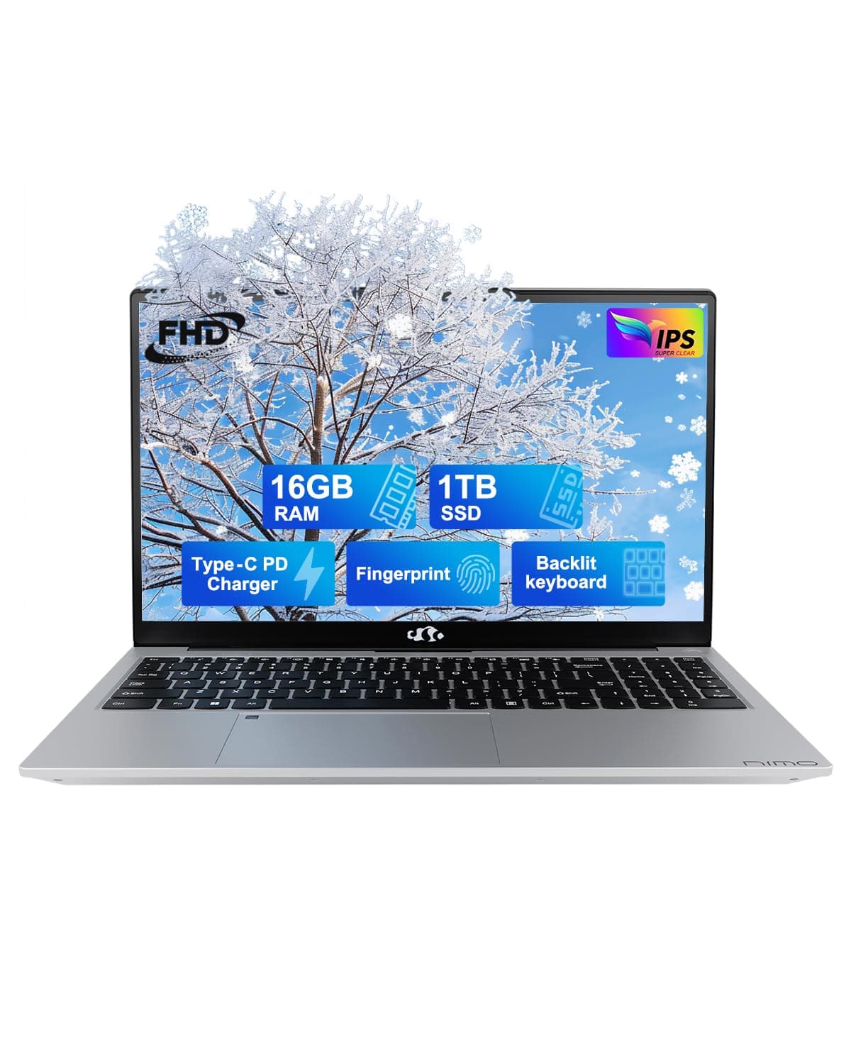 NIMO 15.6" IPS FHD - Laptop, 16 GB RAM 1 TB SSD Intel Pentium Quad Core N100, Computadora con teclado retroiluminado y sensor de huellas (mejor que i3-1115G4 hasta 3.4 GHz) para estudiantes, Windows 11 Plateado