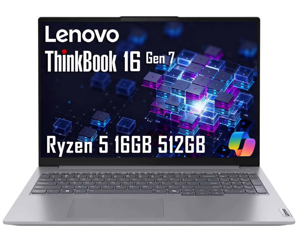 ist computers Lenovo ThinkBook 16 Gen 7 Portátil Empresarial (16" FHD+ Antirreflejo, AMD Ryzen 5 7533HS (> i7-1255U), 16 GB DDR5 RAM, 512 GB SSD), Lector de Huellas, Cámara Web, Ethernet, Wi-Fi 6, Windows 11 Pro con Copilot, Gris