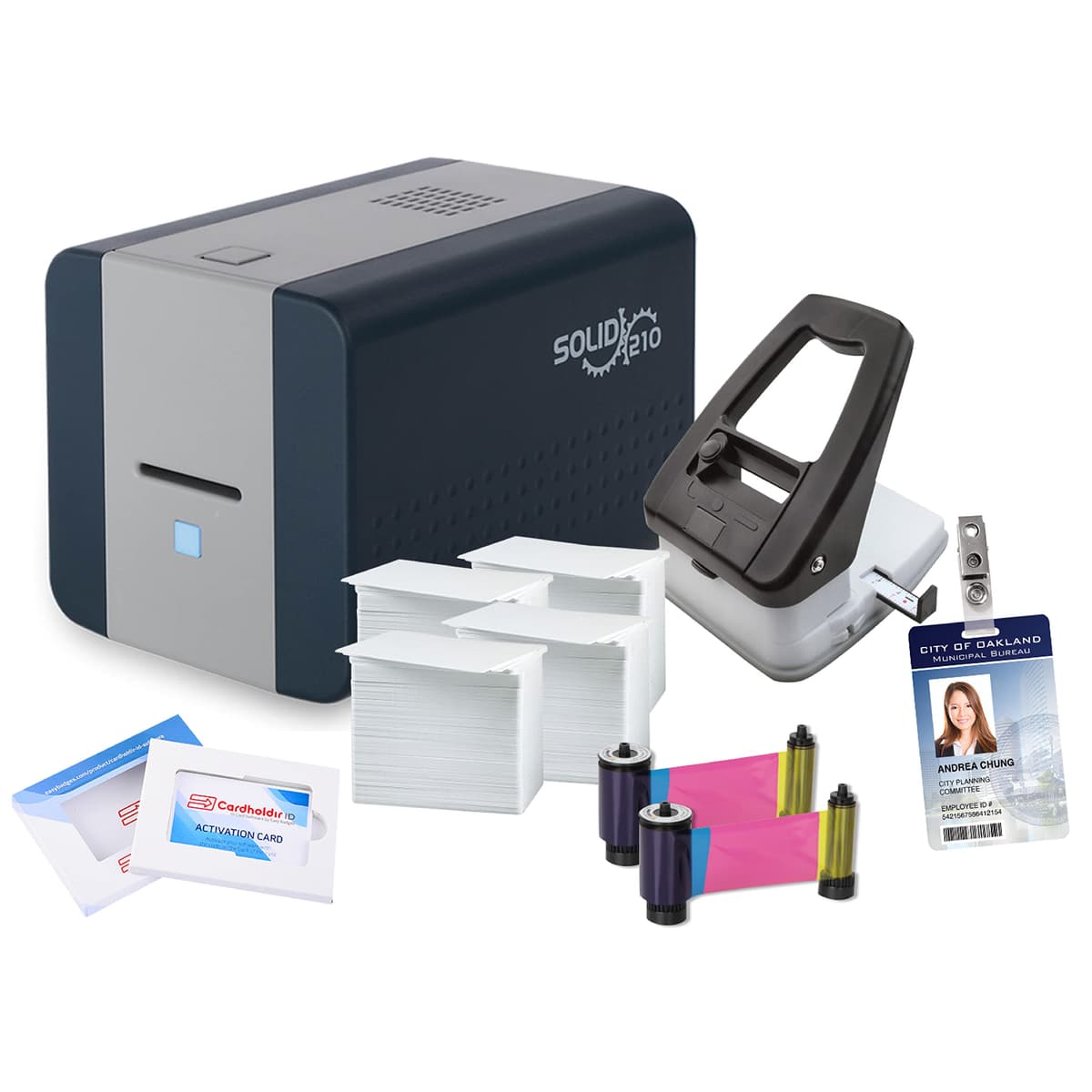 Cardholdir ID Easy Badges Solid 210 ID Badge Printer con software para principiantes y todo lo necesario para diseñar e imprimir 400 tarjetas ID 101