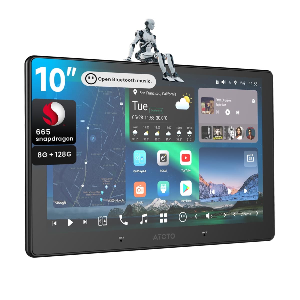 ATOTOZONE Radio para Auto Android AI QLED de 10 pulgadas, Doble Din 8G+128G, CarPlay y Android Auto Inalámbricos, 4G LTE, Wi-Fi Dual, Audio 7.1.2, FLAC, Ecualizador 36 bandas, RCA Hi-Volt, Entrada HDMI, X10G211E