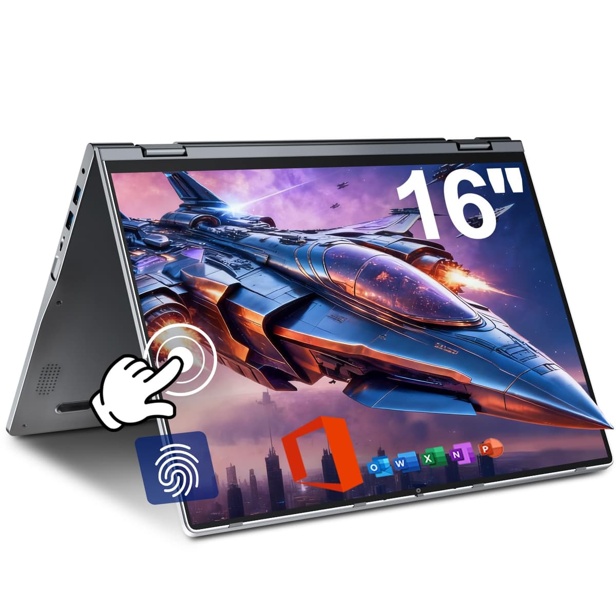 Jumper Laptop de 16 pulgadas convertible, 16GB RAM 640GB almacenamiento, pantalla táctil, procesador quad-core, lector de huellas, teclado retroiluminado, rotación 360°, 53.2WH, BT5.2, WiFi 6 J1