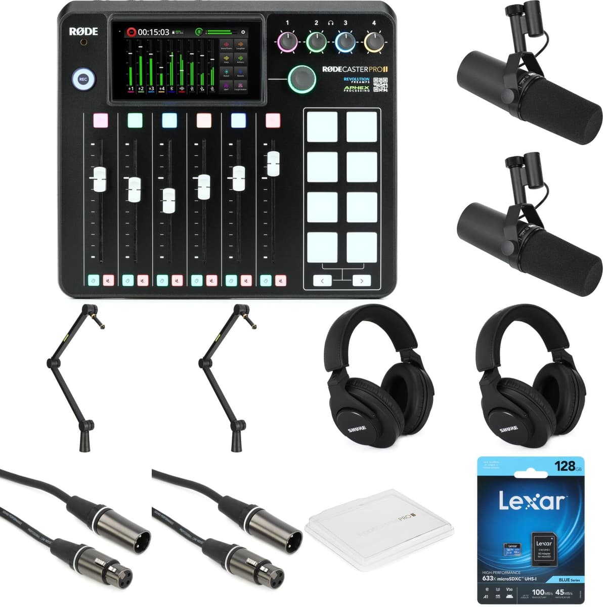 GearNuts Rodecaster Pro II + 2x SM7B + 2 audífonos + 2 cables XLR 10' + 128GB SD + 2 brazos boom + funda antipolvo - Bundle para podcasting RCP2-SM7B