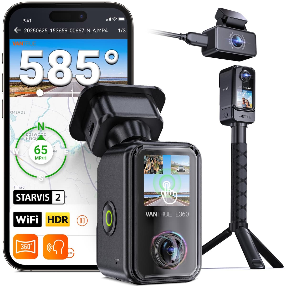 Vantrue E360 ACE Dash Cam 3 canales WiFi con Dual STARVIS 2, 2.7K, HDR e IR night vision