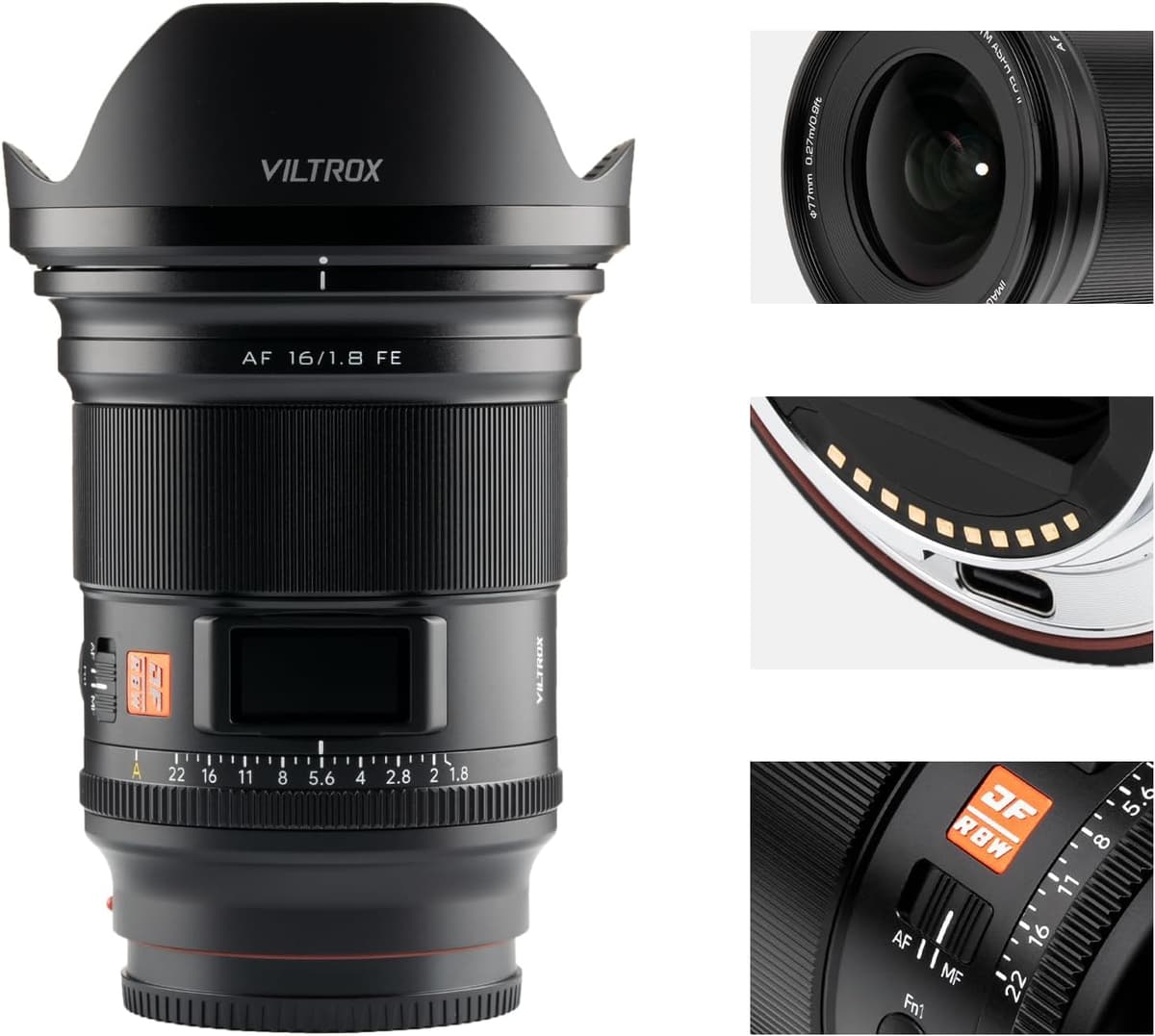 VILTROX AF 16 mm f/1.8 Lente gran angular para full frame con montura Sony E, apertura amplia, pantalla LCD integrada, compatible con cámaras sin espejo Sony E-mount (a7, a7III, a7RII, a7RIII, a7RIV, a7S, a9, a7C) TX03358110601