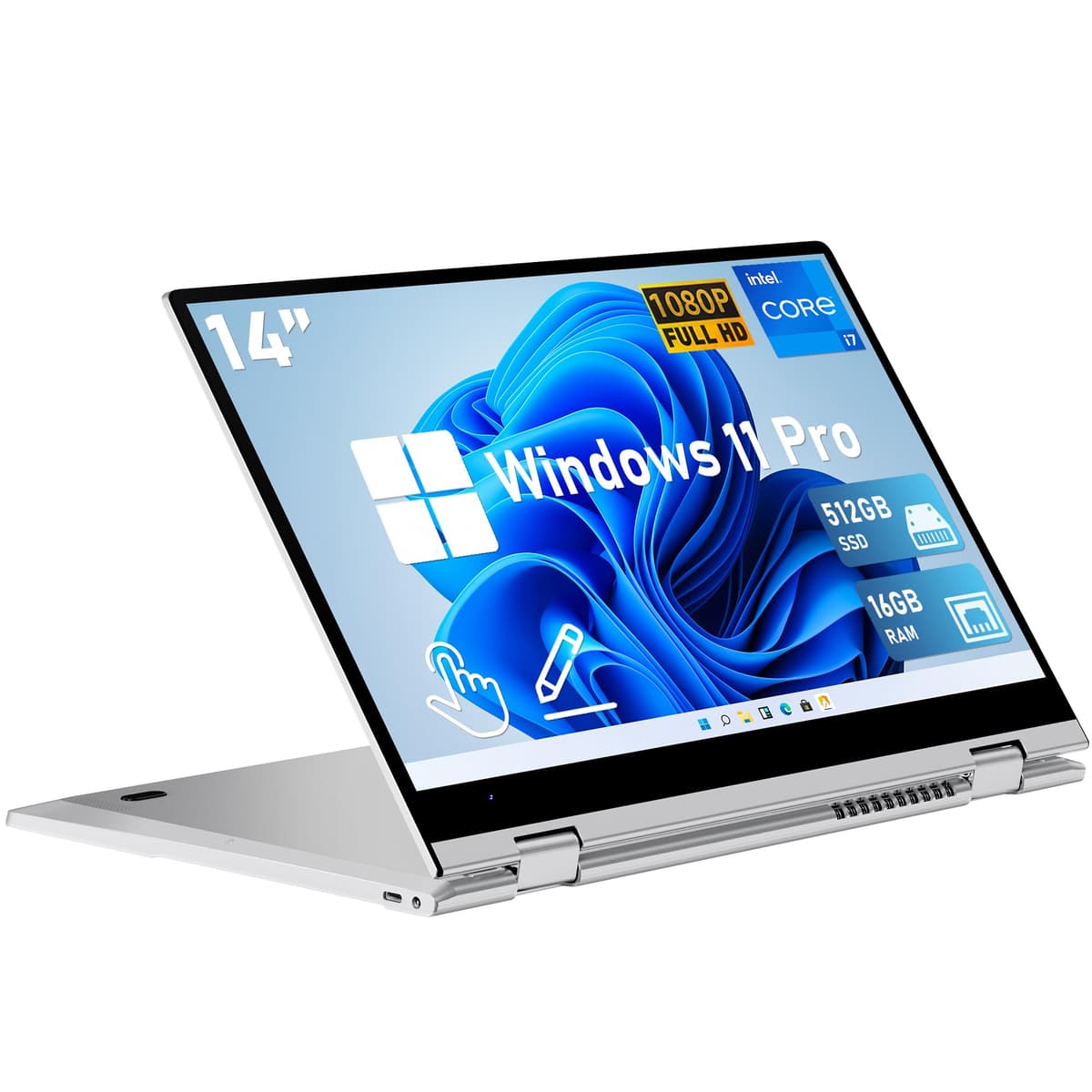 FUNYET Laptop Táctil 2 en 1 de 14 pulgadas, Windows 11 Pro, Intel Core i7-1265U (hasta 4.8 GHz), 16 GB RAM 512 GB SSD, 1920 x 1080, Teclado Retroiluminado, Wi-Fi 6, BT5.2,2 Años de Garantía FUN01-05