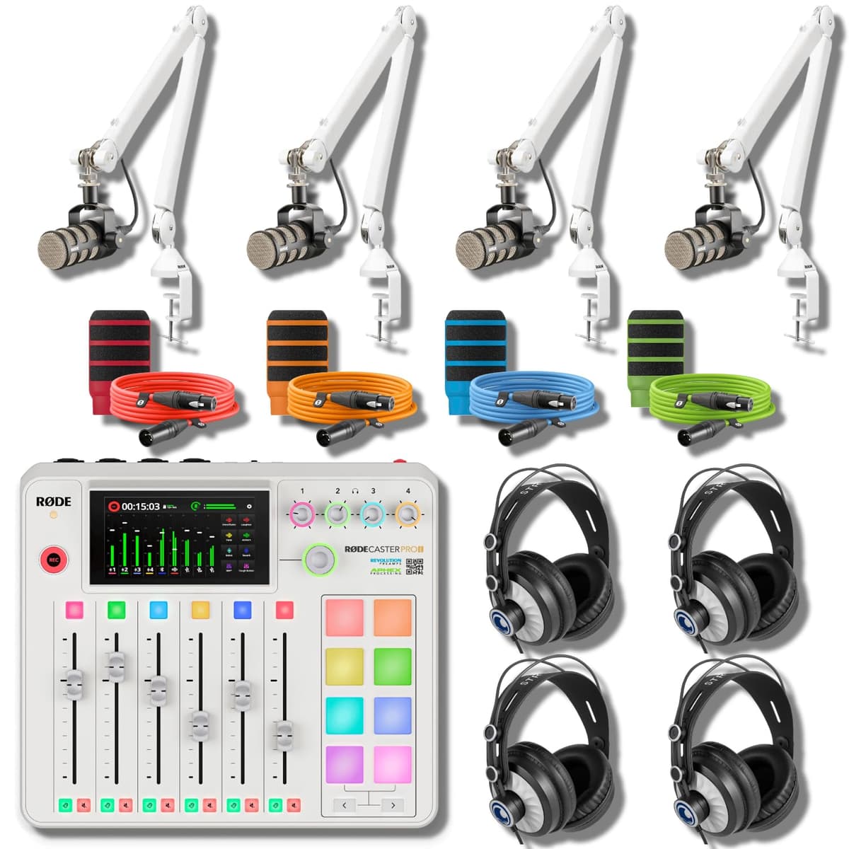 StreamEye Rode RODECaster Pro 2 Studio Completo Blanco con 4 PodMics, PSA1+ y Accesorios RODECaster Pro 2 (White Complete Bundle)