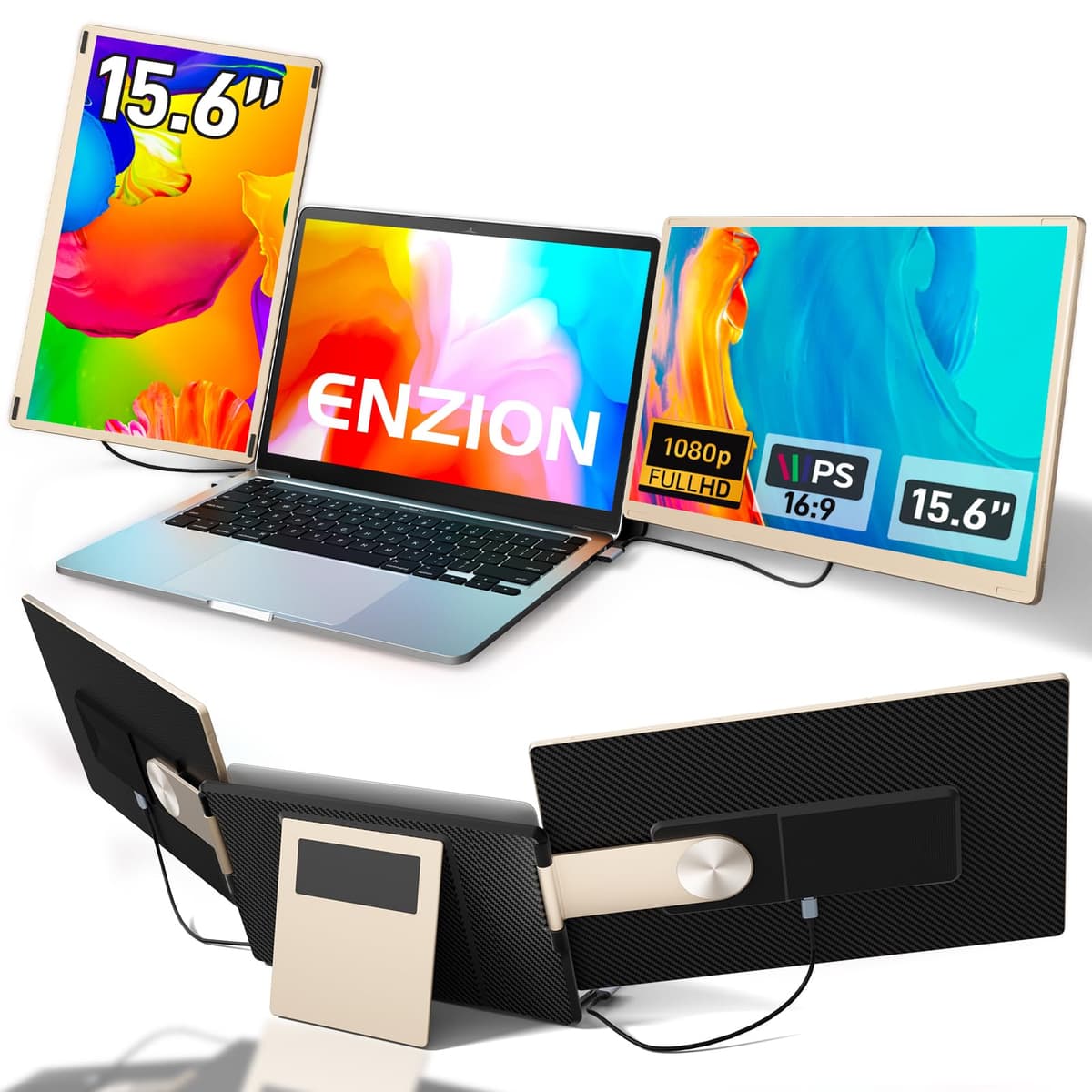 Extensor de Pantalla Enzion para Laptop, Monitor Portátil Mejorado de 15.6" FHD 1080P, Extensor Triple de Pantalla para Laptop, Monitor Doble Desmontable para Laptops de 13”-17”, Plug & Play, Compatible con Mac/Windows/Chrome/Dex S6