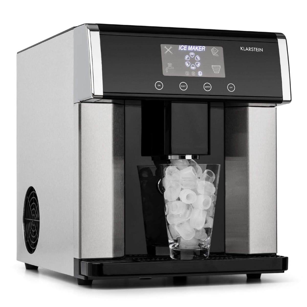 Klarstein Eiszeit - Máquina de hielo, 3 formas de cubitos, 10-15 kg/24 h, depósito 3 L, pantalla LCD, capacidad 600 g, acero inoxidable cepillado ICE5-3100-fkje