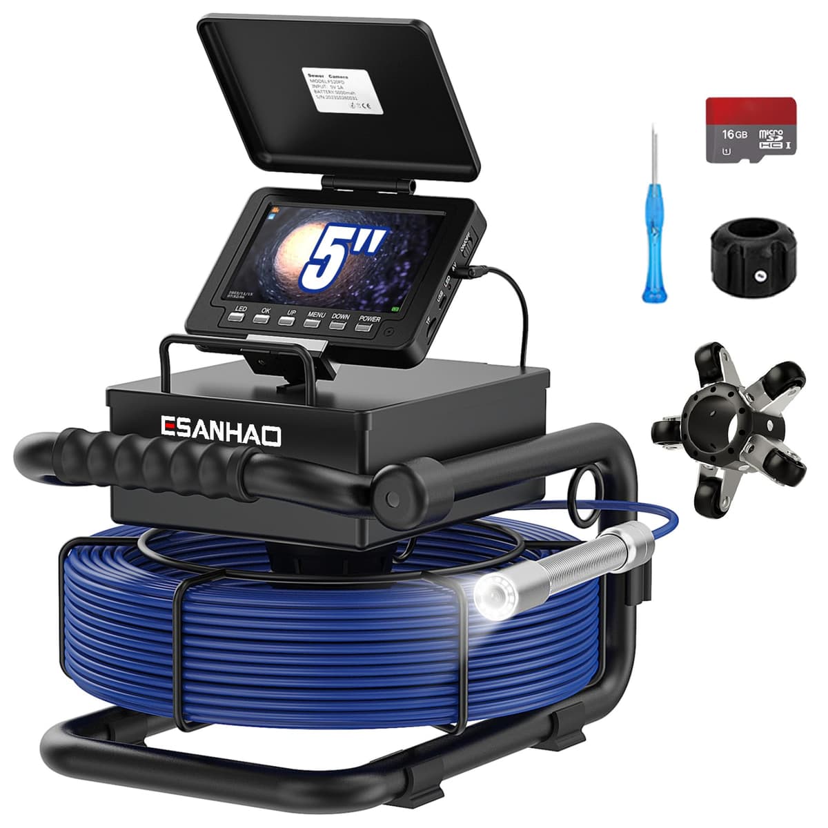 Cámara para desagües ESANHAO 100ft auto-nivelante con pantalla 5" e inspección impermeable F520PDBLABTX-30M