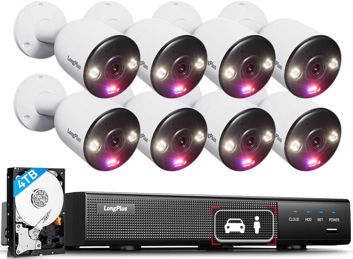 Sistema de Cámaras de Seguridad LongPlus 4K con PoE, NVR de 16 Canales 12MP H.265+ con HDD de 4TB para Grabación 24/7, Sistema Cableado de 8 Cámaras para Hogar, Detección de Personas y Vehículos, CCTV para Hogar y Negocios, LP8MEF8B1