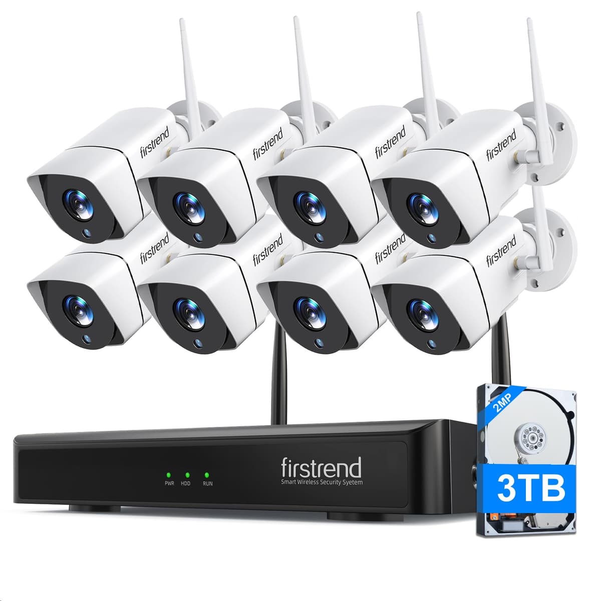 Sistema de Seguridad WiFi Inalámbrico Firstrend de 8 Cámaras con HDD de 3TB, NVR 8CH H.265, Detección AI de Personas, Resistente al Clima IP66, Audio Bidireccional y Grabación 24/7 para CCTV Doméstico Interior y Exterior FTUS-W882M3TASG-XM