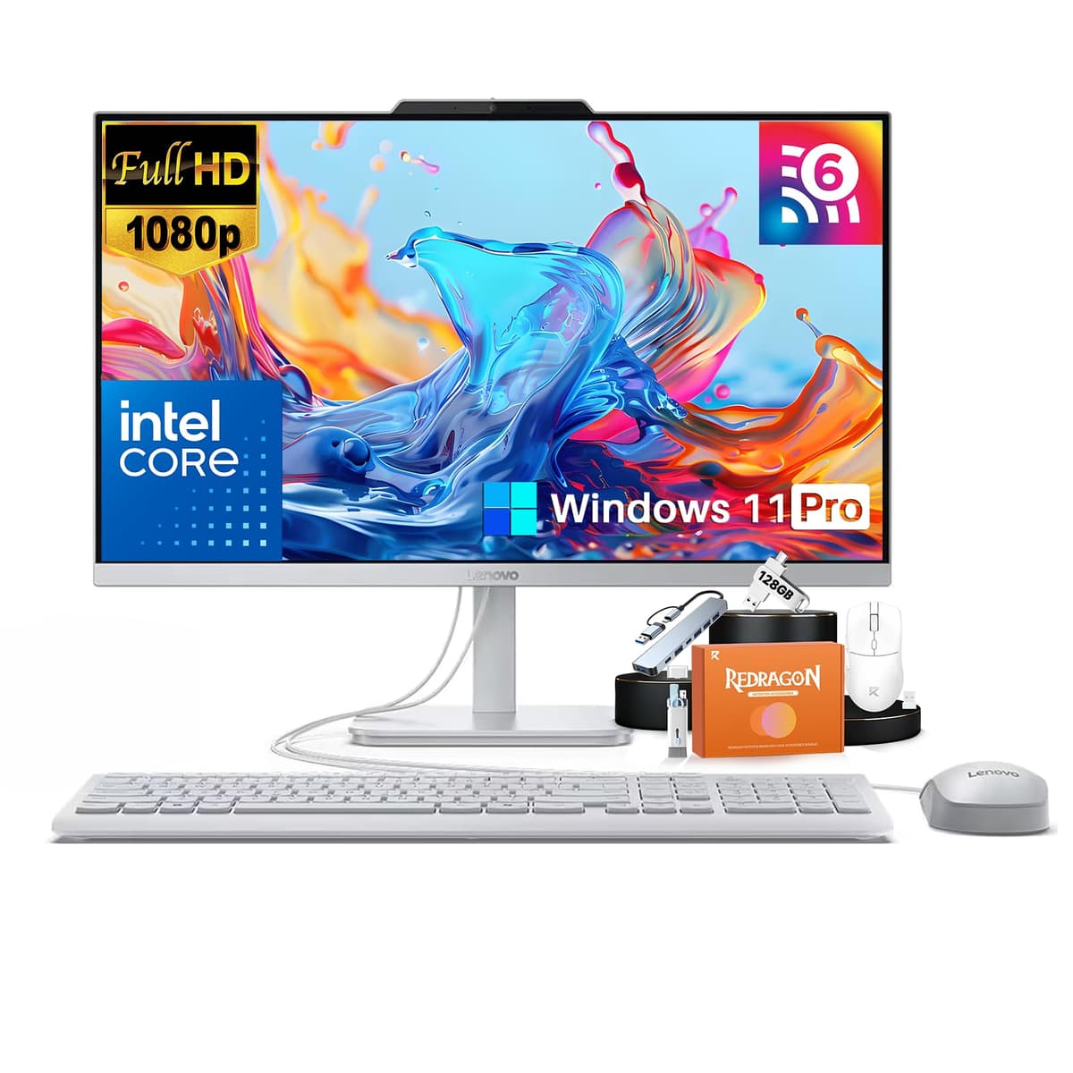 Computadora de escritorio todo en uno Lenovo, Windows 11 Pro, 16 GB RAM, 512 GB SSD, pantalla IPS FHD de 23.8", procesador Intel N100, gráficos Intel UHD, Wi-Fi 6, teclado y mouse con cable, cámara web HD, con accesorios V100