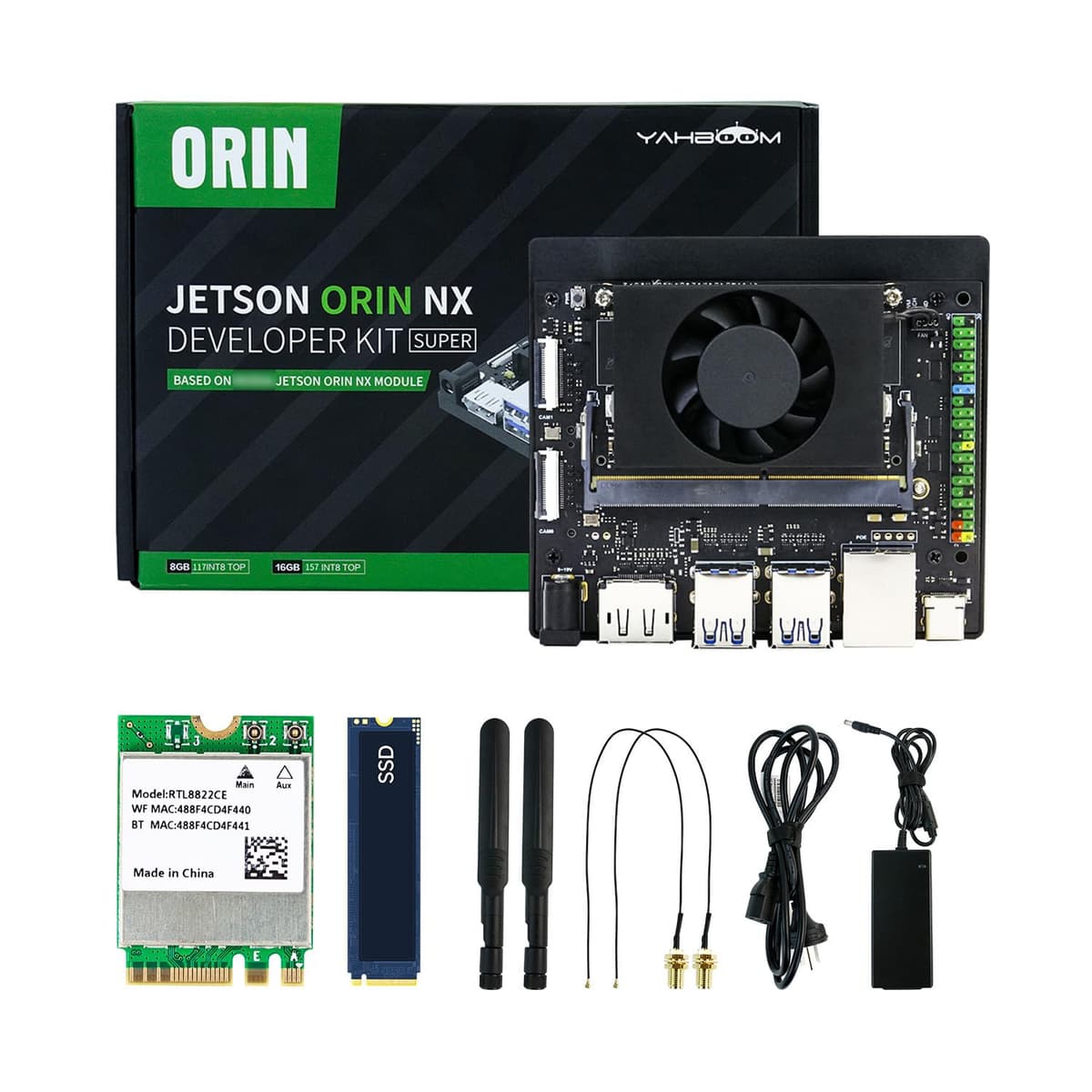 Yahboom Jetson Orin NX Super 8GB RAM 117 Tops Kit de placa de desarrollo con SSD de 256GB, tarjeta de red inalámbrica M.2, fuente de alimentación Orin, Super Data (Orin NX 8GB Developer Kit)