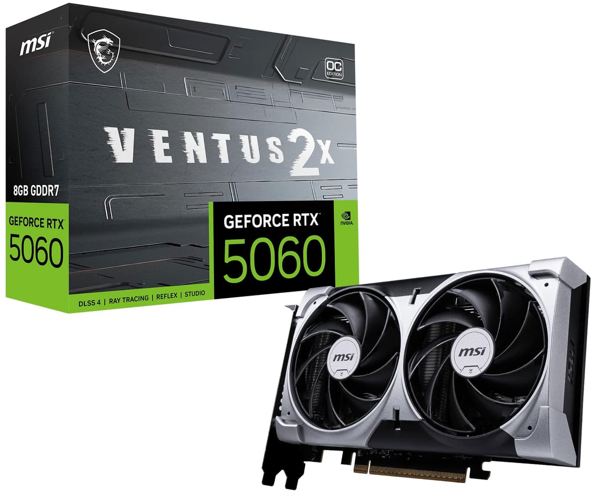 MSI GeForce RTX 5060 8G VENTUS 2X OC Tarjeta Gráfica - GPU RTX 5060, 8GB GDDR7 (28 Gbps/128 bits), PCIe 5.0 - Diseño Térmico de Doble Ventilador (2 x TORX FAN 5.0) - HDMI 2.1b, DisplayPort 2.1b V537-002R