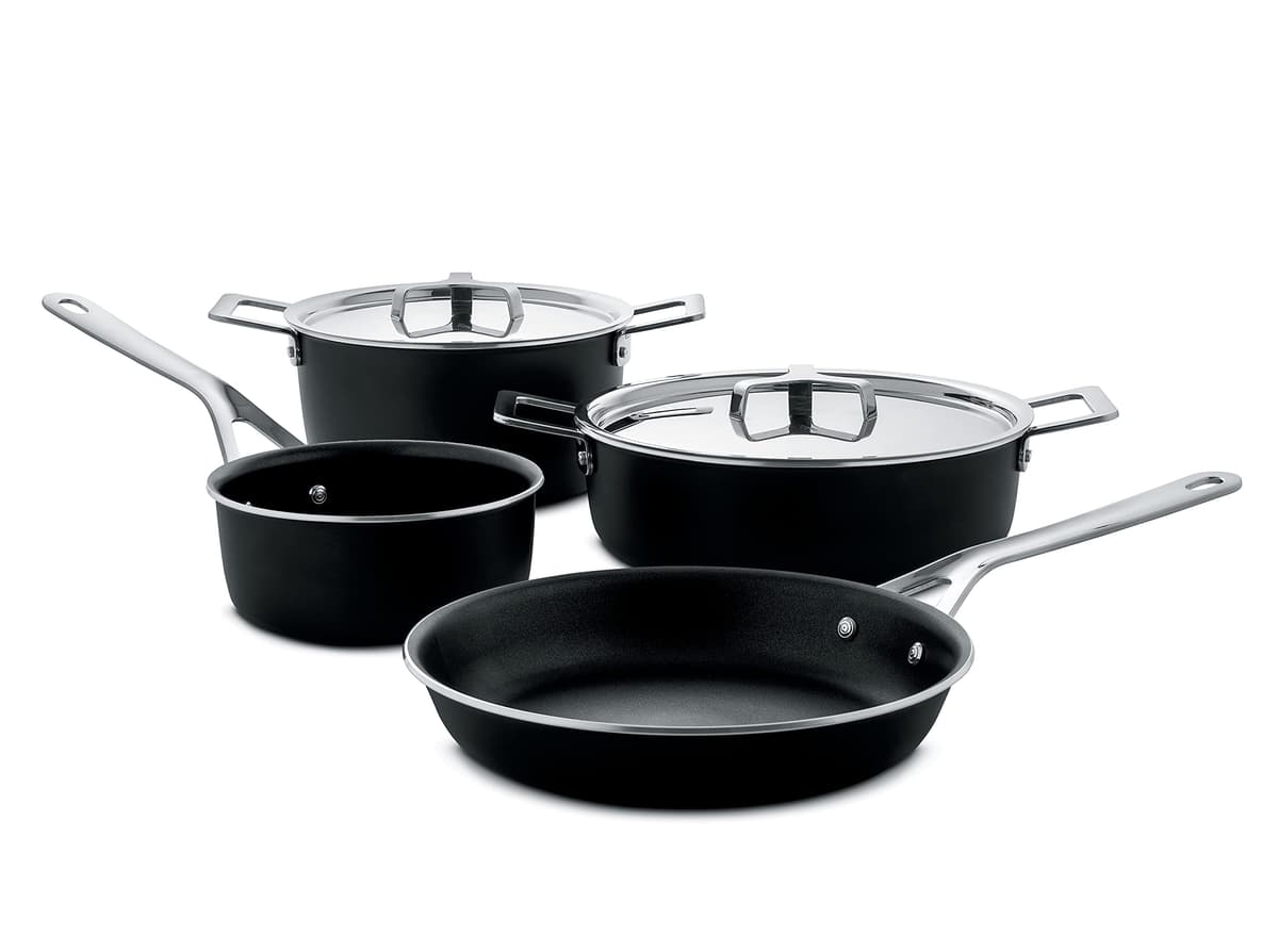 Alessi AJM100S6 A Set de ollas y sartenes en aluminio reciclado con interior antiadherente y tapas en acero 18/10
