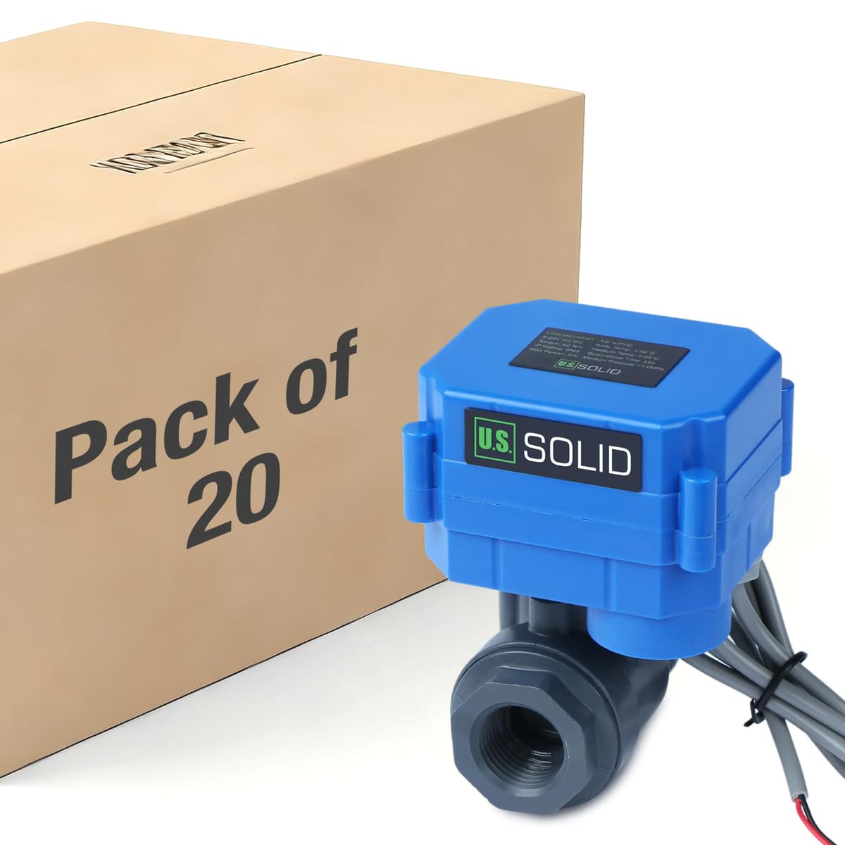 U.S. Solid Válvula de Bola Motorizada UPVC Sólida EE. UU. 1/2” - Válvula Eléctrica Plástica de Paso Total, Retorno Automático 2 Hilos, 9-36V AC/DC, Normalmente Cerrada (Paquete de 20) USS-MSV00091