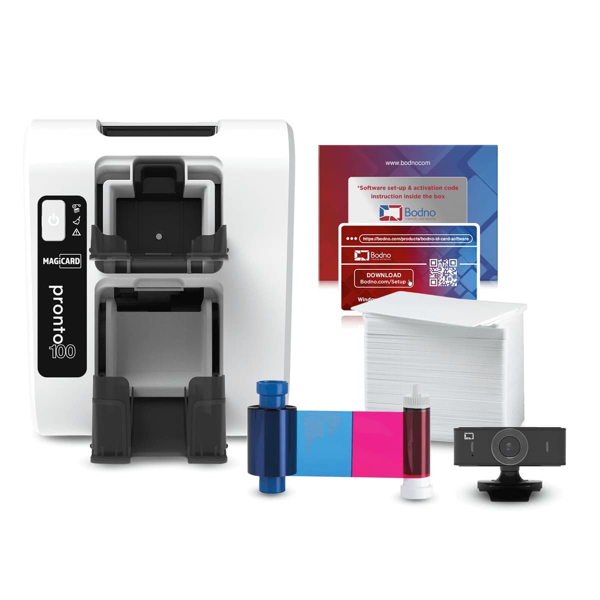 Bodno Magicard Pronto 100 Impresora de Carnets ID y Paquete Completo de Suministros Software de ID y Cámara - Edición Plateada 3100-0001