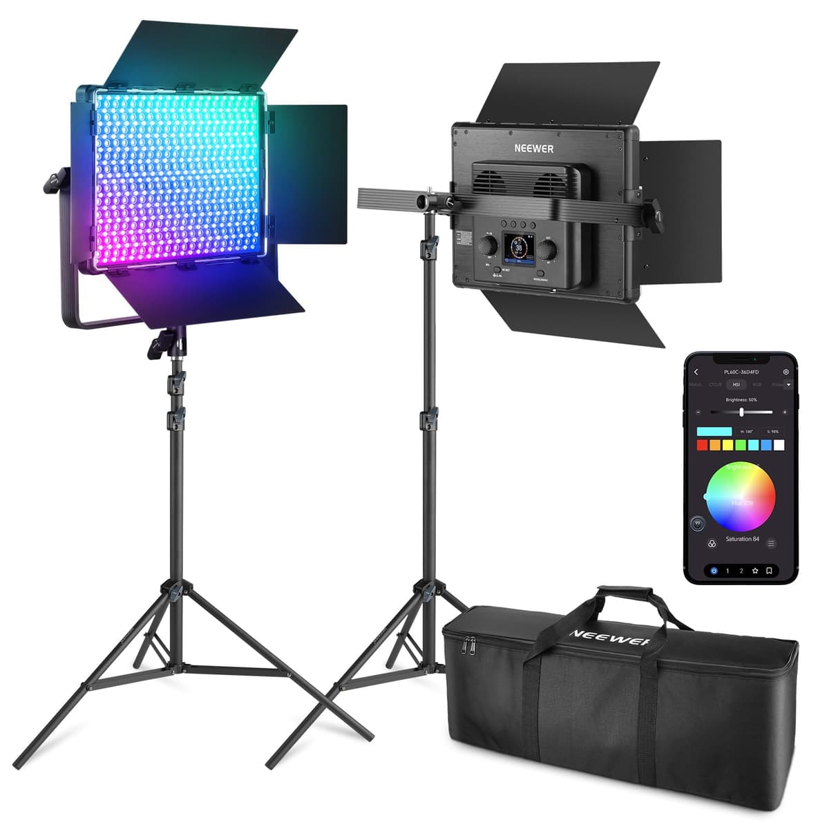 NEEWER PL60C - Kit 2 luces LED RGB 60W con tripi 2m, control APP/2.4G/DMX, 2500-10000K 10103534