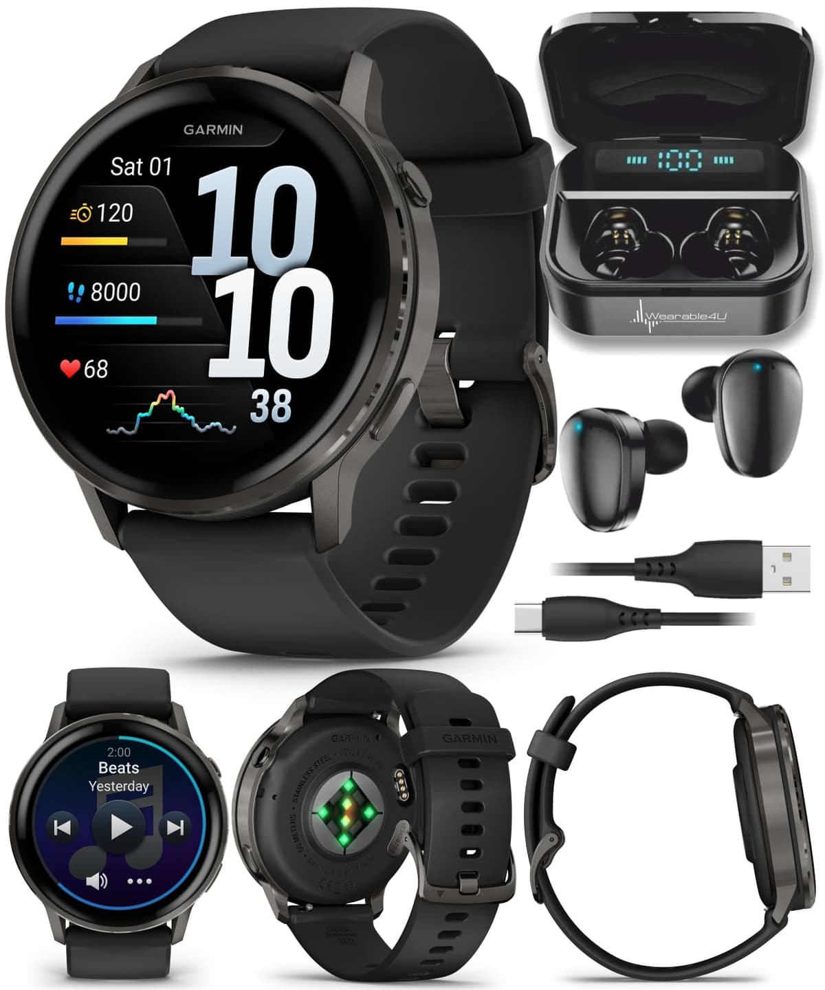 Garmin Venu 4 45 mm Slate con correa negra y auriculares Wearable4U negros TWS X7