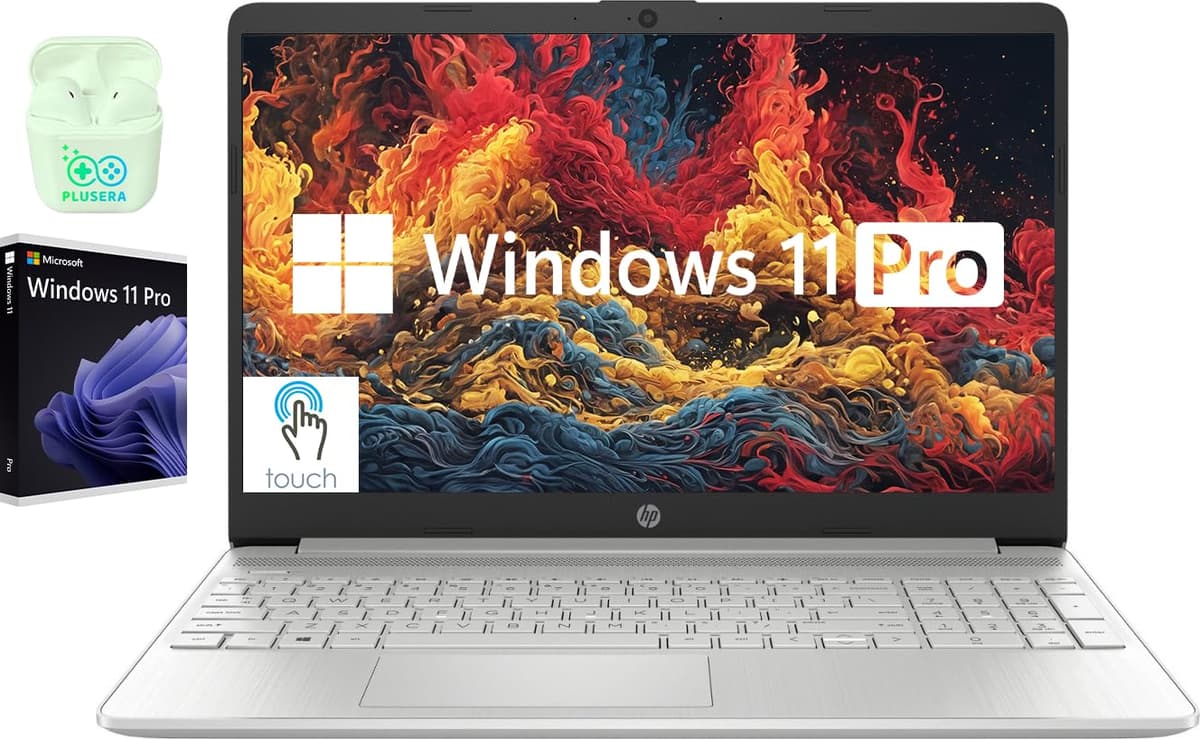 Portátil HP 15.6" con pantalla táctil, Windows 11 Pro, 32 GB RAM, 1 TB SSD, procesador i3-1215U, pantalla LED HD 1366 x 768, teclado numérico, lector de tarjeta SD, HDMI, auriculares Plusera, plateado HP Laptop Computer
