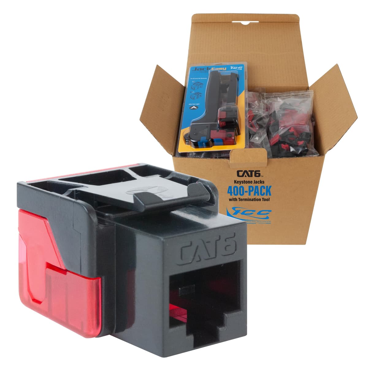 ICC CAT6 Keystone Jack EZ Inline IDC Sin Splits PoE++ TAA Black con JackEasy 400 Pack IC107L6VBK