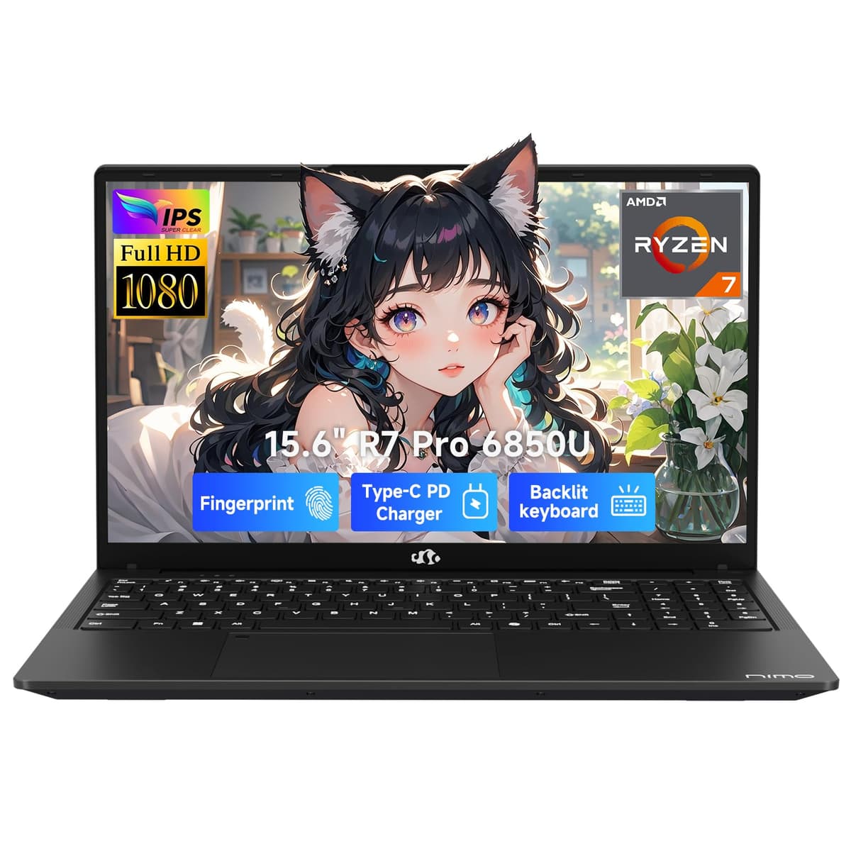 NIMO 15,6" Laptop para juegos ligeros, 8 núcleos AMD Ryzen 7 Pro 6850U, 16 GB LPDDR5 RAM, 512 GB SSD, GPU Radeon 680M (supera a i7-1360P hasta 4,7 GHz), pantalla IPS FHD, USB-C 100W, sensor de huellas y teclado retroiluminado ARN21B