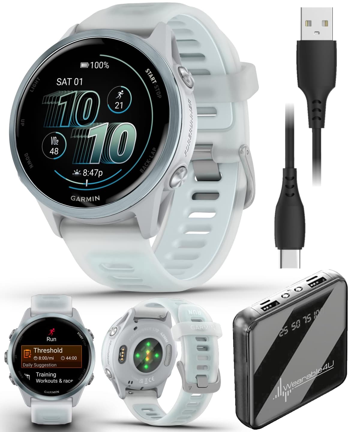 Garmin Forerunner 570 de 42 mm Reloj Inteligente Avanzado para Correr y Triatlón con GPS, Pantalla AMOLED, Entrenamiento y Recuperación, Aluminio Azul Nube con Correa Translucida Whitestone/Azul Nube y Paquete Wearable4U PowerBank