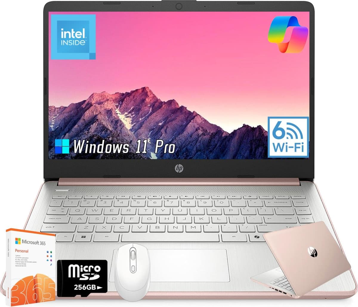 HP 2025 Portátil Estudiantil y de Negocios 14 Pulgadas, 1 Año de Office 365, Procesador Intel N150, 16 GB RAM, 128 GB UFS + 256 GB MSD, Wi-Fi 6, Bluetooth 5.4, Copilot AI, Windows 11 Pro, con Accesorios HP 14 Laptop