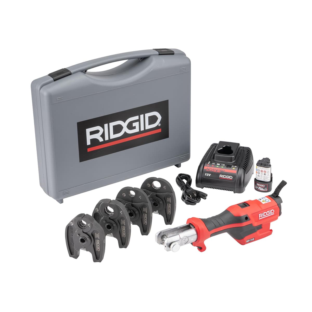 RIDGID RP 115 Mini Press Tool Kit (72558) con baterías, mandíbulas 1/2"-3/4" y estuche