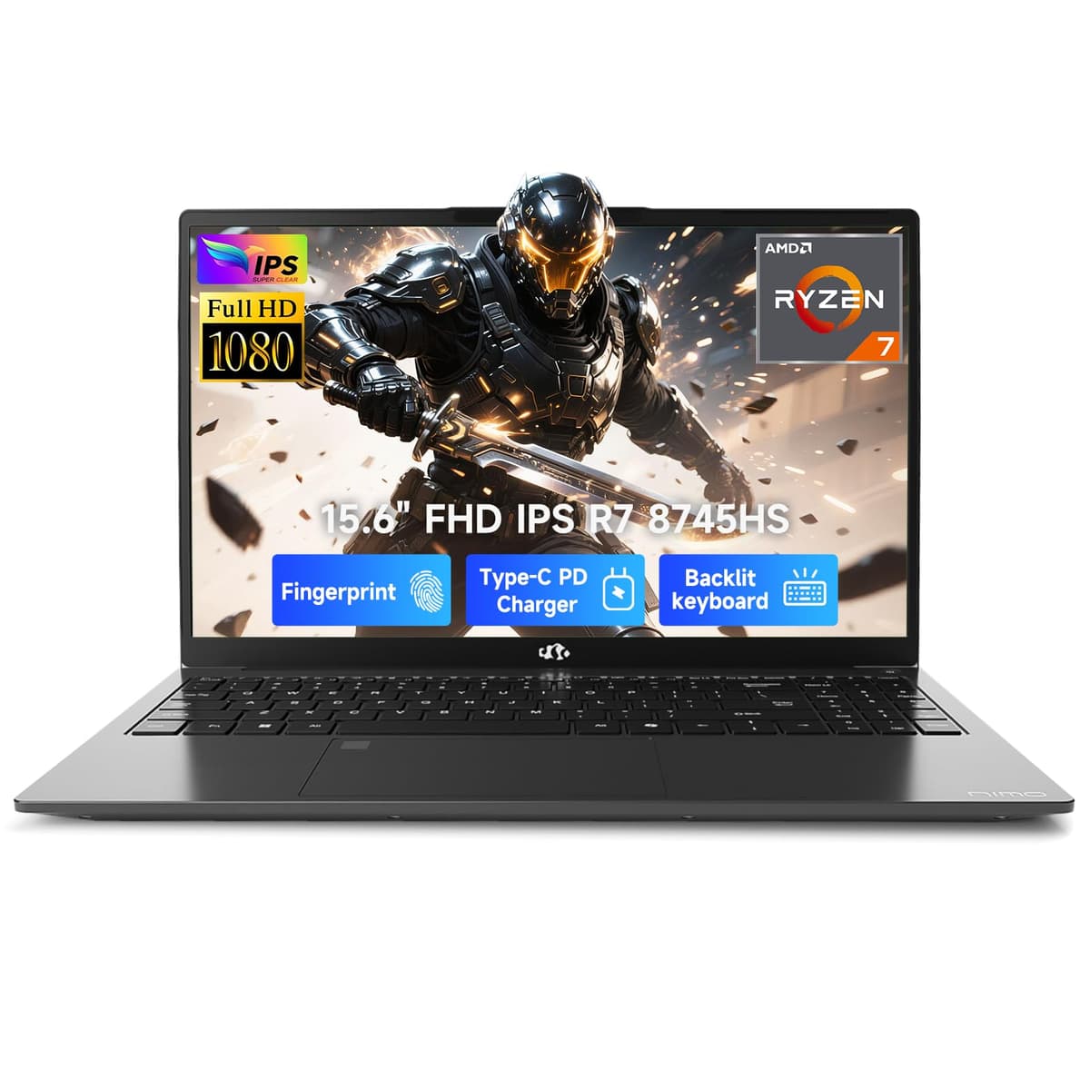 NIMO Laptop Gamer 15.6" FHD IPS, AMD Ryzen 7 8745HS 16GB DDR5 RAM 512GB SSD (8C/16H, hasta 4.9GHz) Gráficos Radeon 780M Computadora para Negocios con USB-C Tipo C 100W Teclado Retroiluminado, Huella dactilar USB-C 4.0 ARN79