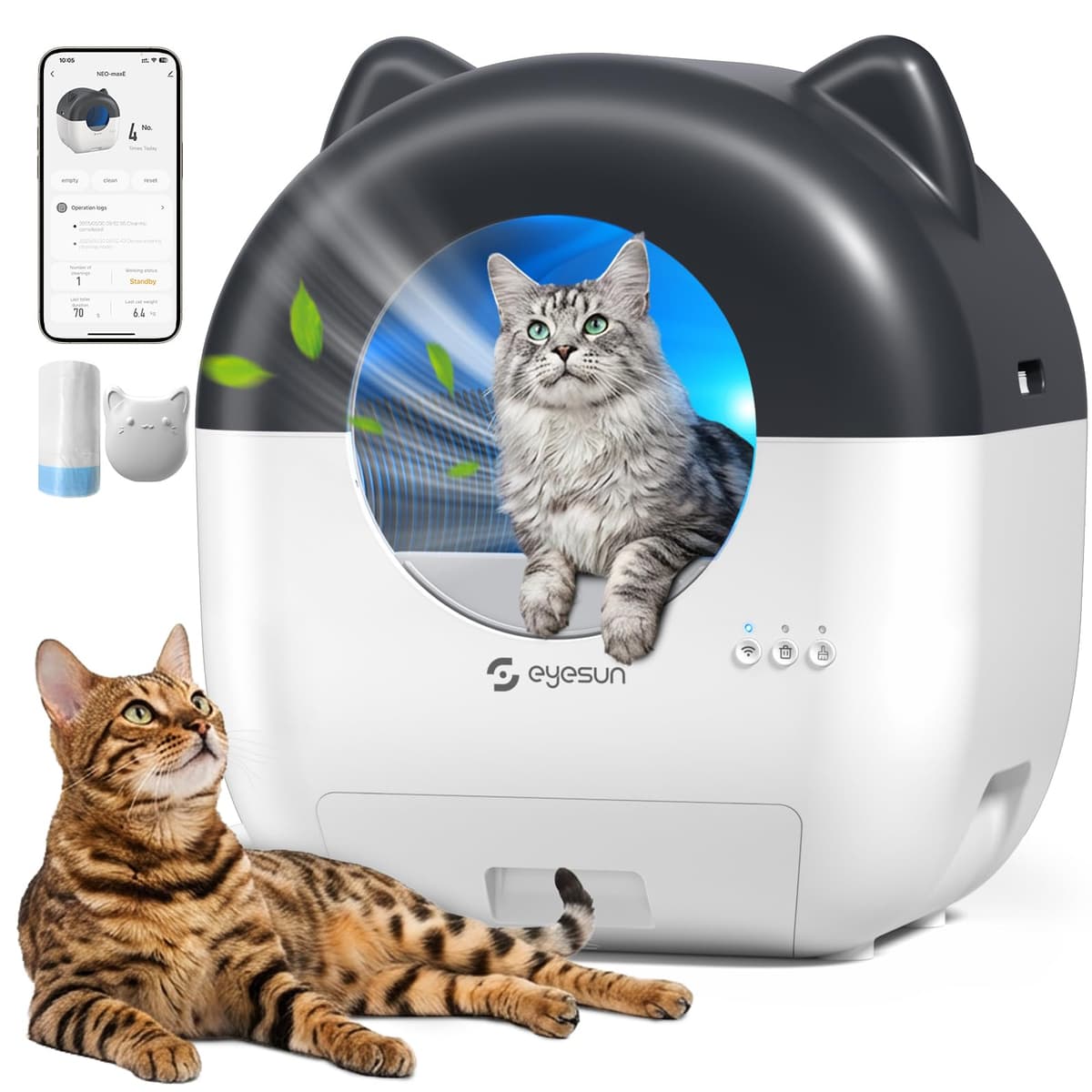 EYESUN Caja de Arena Autolimpiante, 76L Caja de Arena Automática para Gatos Autolimpiante con Control APP, Bajo Ruido, Protección de Seguridad, Bolsas de Basura Rodantes, Desodorante y Cepillo de Limpieza para Múltiples Gatos P9902