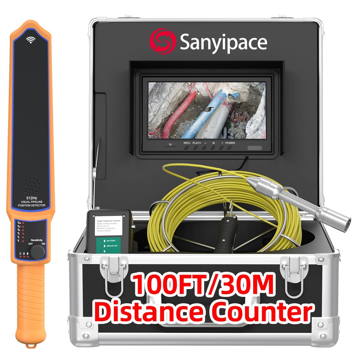 Cámara de inspección Sanyipace 100FT/30M con localizador, pantalla 9" y 16GB F929DJTX-100FT/30M