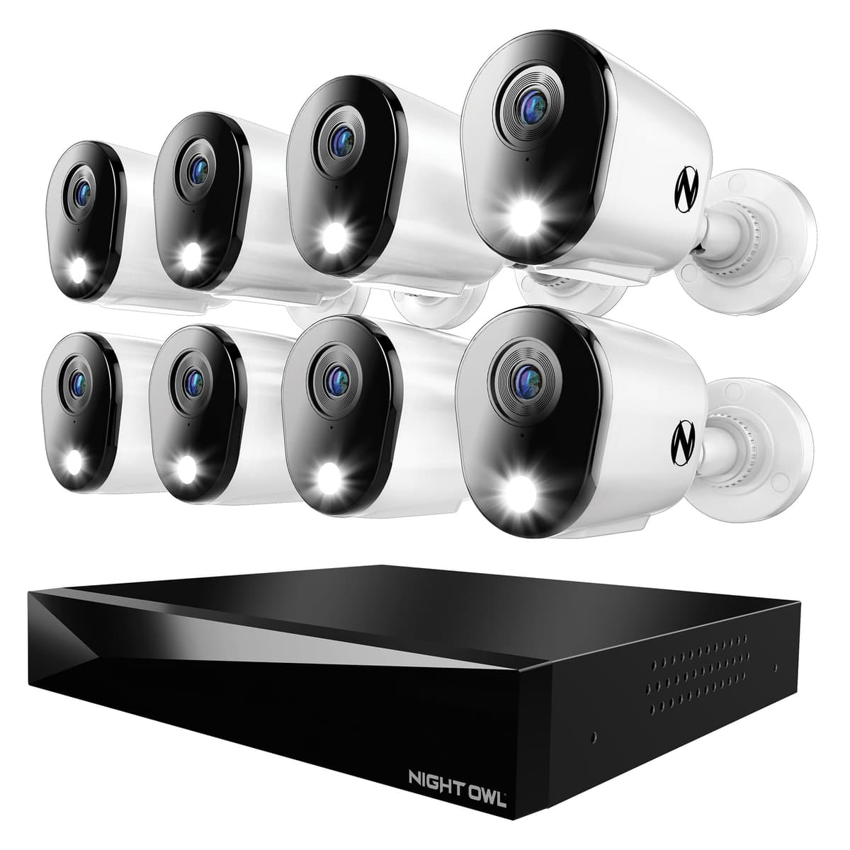 Night Owl Sistema de Cámaras de Seguridad para el Hogar DVR de 12 Canales con Audio Bidireccional, (8) Cámaras Disuasorias Cableadas 4K HD Interior/Exterior y Disco Duro de 2TB (Agregar hasta 4 Cámaras Wi-Fi) (8 Cámaras) FTD8-82-8L