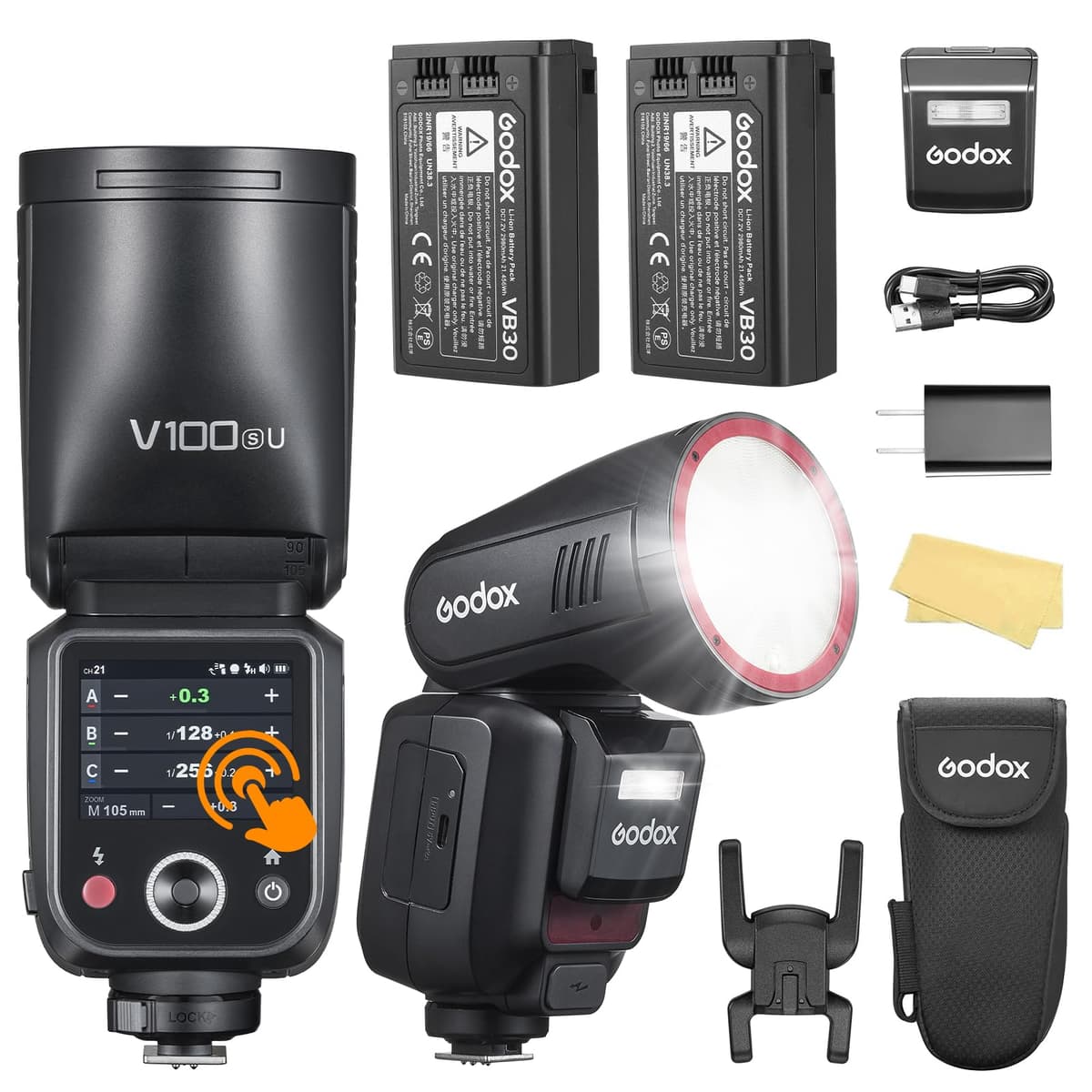 Godox V100-S U TTL Flash de Cámara con Obturador Global con 2 baterías VB30 para Cámara Sony 100W Cabezal Redondo con Pantalla Táctil 70 Destellos Consecutivos de Potencia Completa para Sony ZV-E10, α77II, etc.