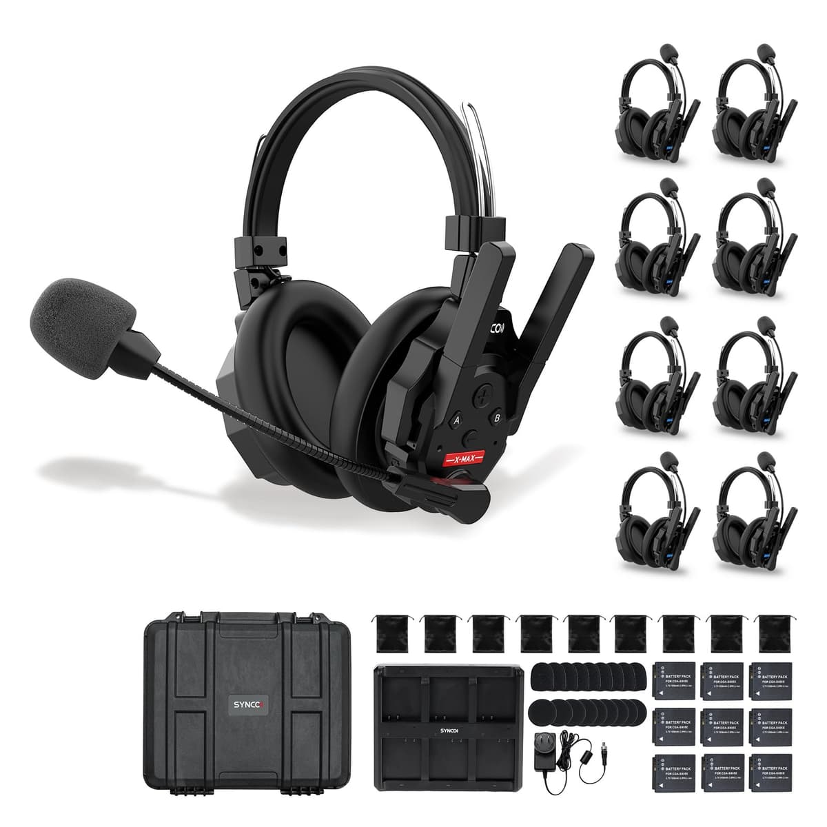 SYNCO XTALK XMAX9 Wireless Intercom, Auriculares Dual-Ear, Reducción de Ruido AI, 500m/1640ft, Sistema para 9 Personas S8