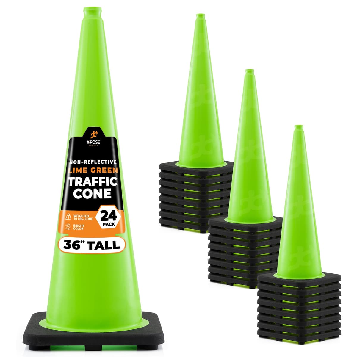 Xpose Safety cono de tráfico 36" color lima - Paquete de 24 - PVC premium, base negra, DOT aprobado LTC36-24-X