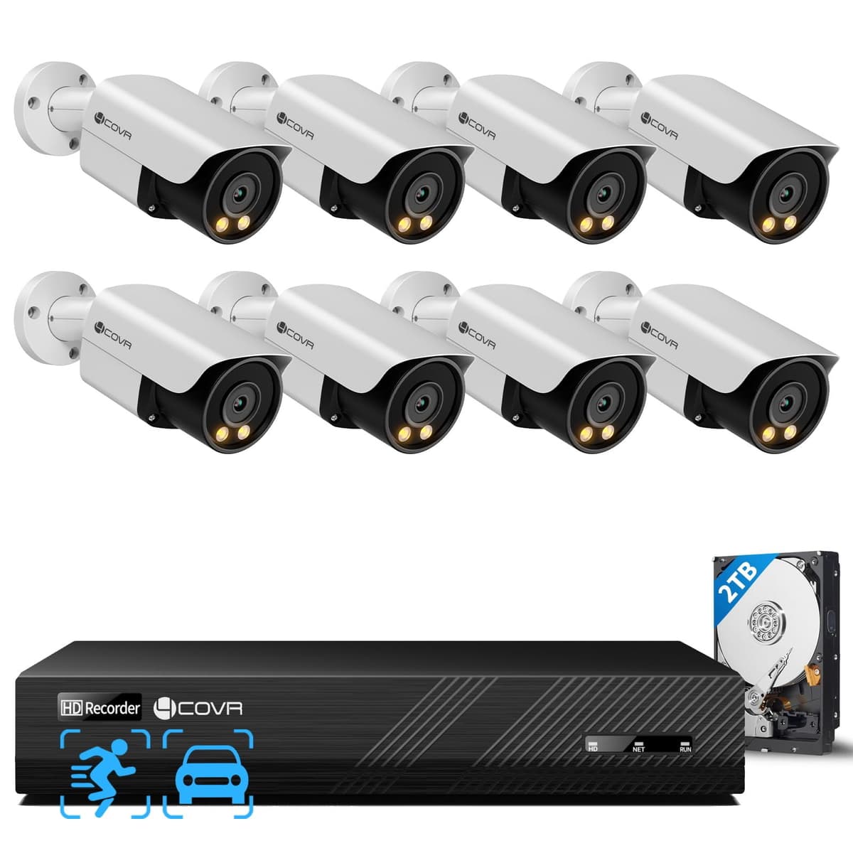 Forcovr Sistema de cámaras de seguridad 4COVR 8 canales, audio bidireccional y visión nocturna a color inteligente, 8 cámaras IP bullet PoE 5MP con detección de personas y vehículos, NVR 4K de 8 canales con HDD de 2TB grabación 24/7, LY37YX5M0808