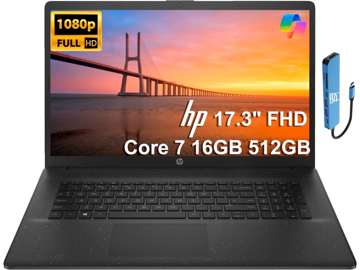 HP 17 Portátil (17,3" FHD Antirreflejo, Intel i7 de 10 núcleos 150U (> Ultra 5 125U), 16 GB RAM, 512 GB SSD) para Negocios, Hogar, Estudiantes, Marco Estrecho, Teclado Numérico, Carga Rápida, IST Hub, Wi-Fi 6, Windows 11 Home