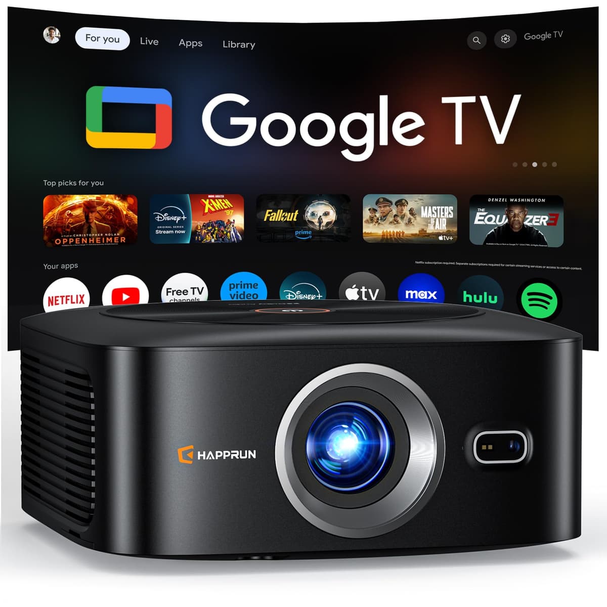 HAPPRUN J7 Pro 1500 ANSI Google TV 4K, enfoque automático, Dolby Audio y Wi-Fi/Bluetooth