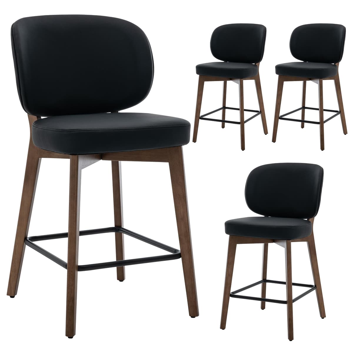 YOUNIKE Taburetes de Barra Negros de 26.8" Altura, Juego de 4, Estilo Mid Century Moderno, Taburete de Mesada, Patas de Madera Maciza, Cuero PU para Isla de Cocina, Silla de Bar Tapizada 21" de Ancho con Respaldo Alto