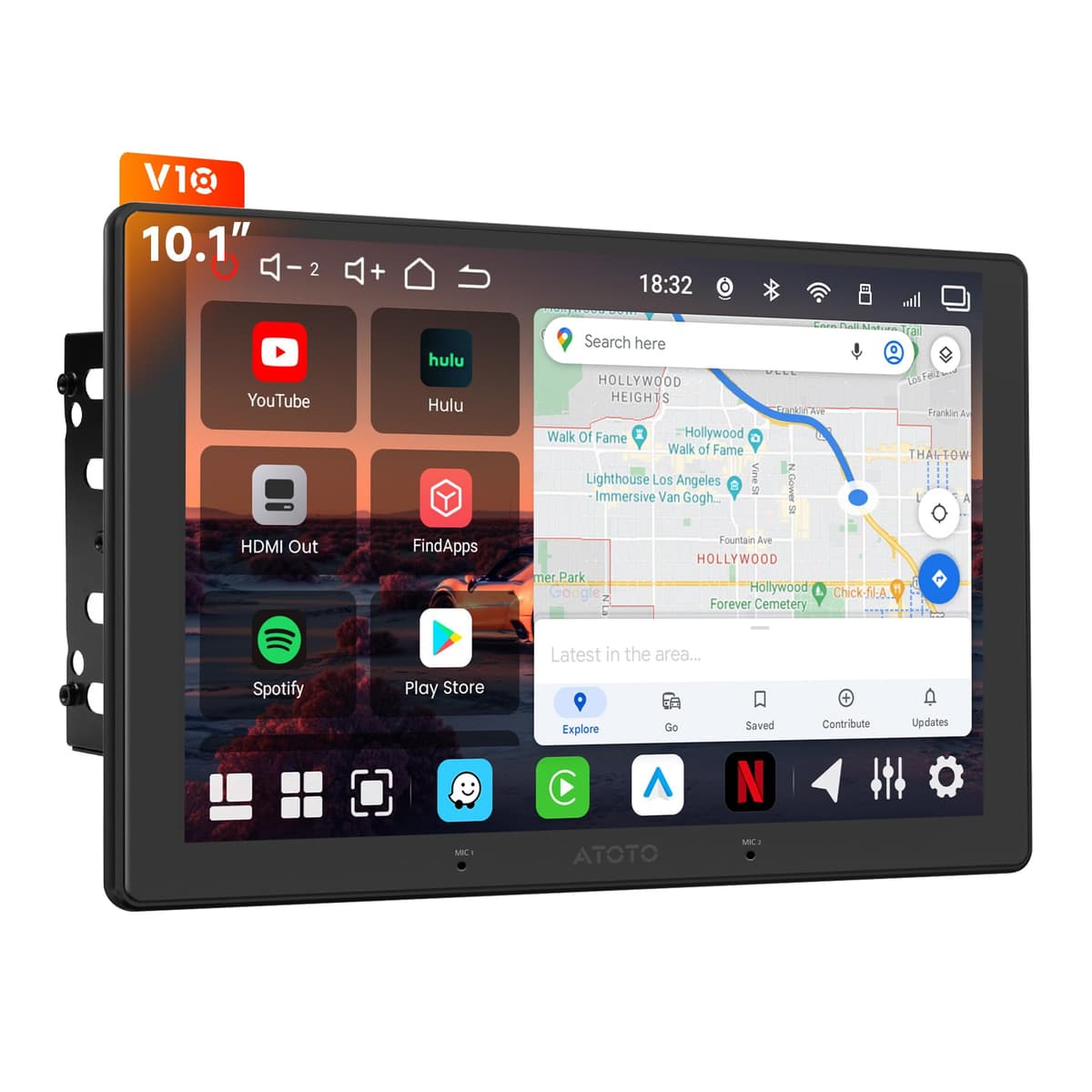 ATOTOEXCEL V10 Autoradio Double Din de 10 pulgadas QLED con Android 14, 8 núcleos 6G+128G, 4G LTE/Wi-Fi, CarPlay inalámbrico y Android Auto, Karaoke en el auto, DSP Pro de 7.1.2 canales, aptX HD BT, IA y rastreo GPS, V10G211OC