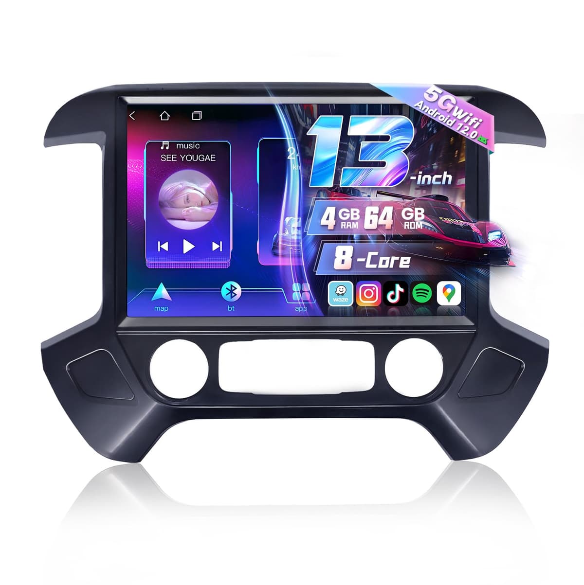 Gearzbtor radio para auto de 13.1 pulgadas 8 núcleos para Chevy Silverado GMC Sierra 2014-2018 WiFi 5 GHz pantalla táctil IPS estéreo Silverado CarPlay inalámbrico Android Auto BT GPS FM/RDS cámara de retroceso MIC 4+64GB, Negro