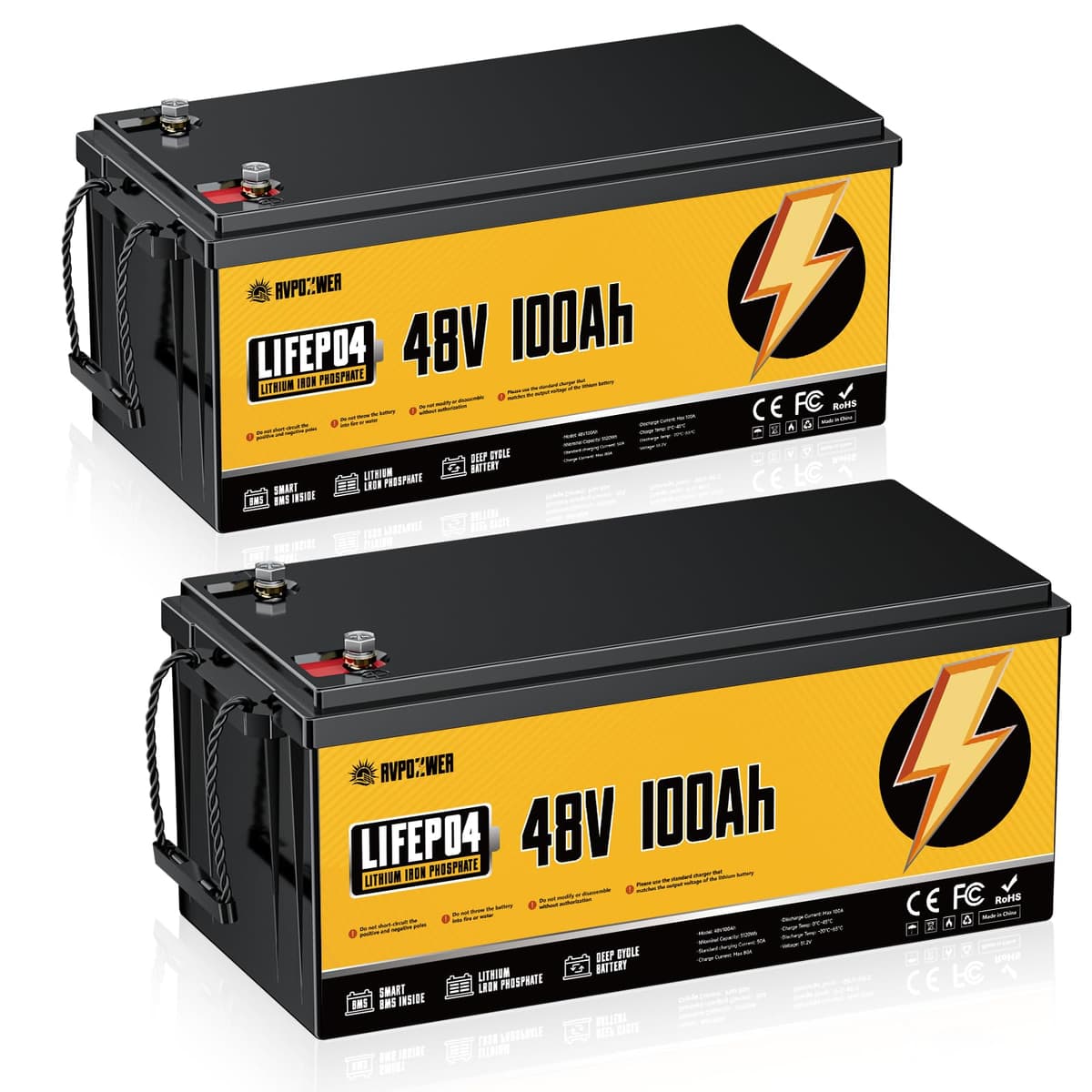 Rvpozwer 48V 100Ah LiFePO4 (2 Pack) - 10.24kWh, 100A BMS, 10 años vida útil 101-01