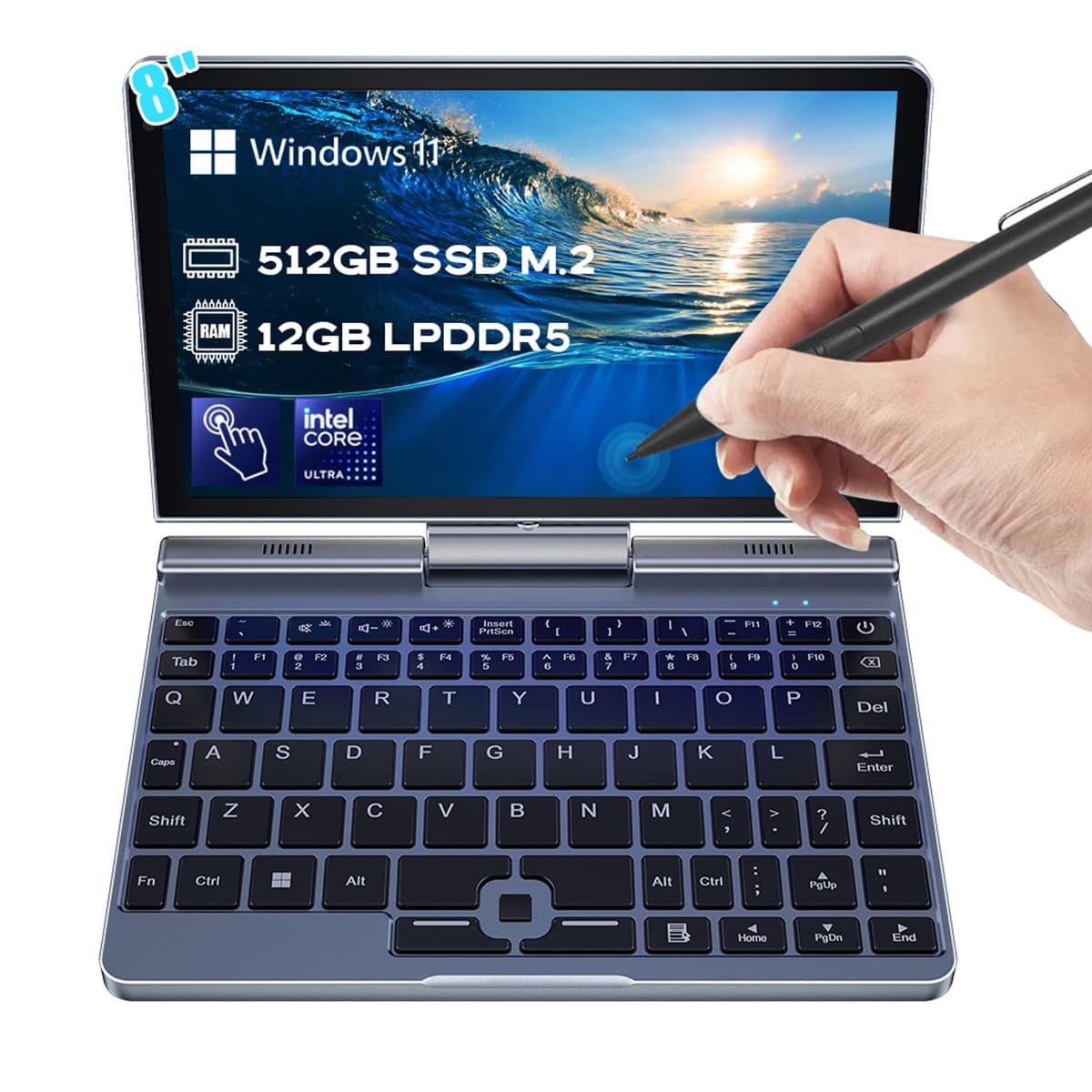 Crelander Mini Laptop 2 en 1 | Computadora portátil de bolsillo de 8 pulgadas con pantalla táctil | Procesador Intel 12ª generación N100 | 12GB DDR5 RAM 512GB SSD | Carga PD 30W | Wi-Fi 6 BT5.2 | Teclado retroiluminado | Windows 11 P8