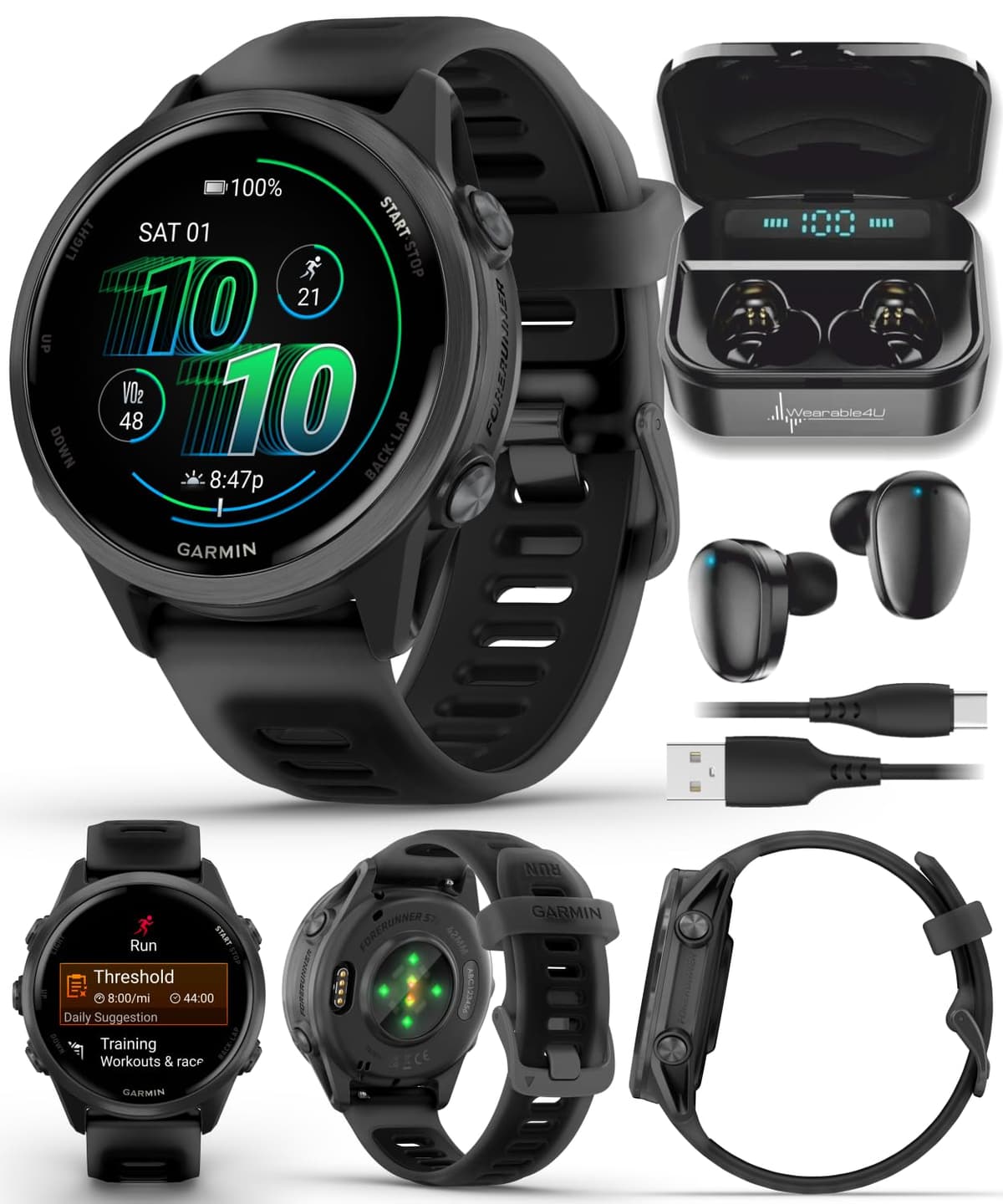 Garmin Forerunner 570 de 42 mm Reloj inteligente avanzado para running y triatlón con GPS, pantalla AMOLED, aluminio gris pizarra, banda translúcida negra y negra con audífonos Wearable4U BLK incluidos TWS X7