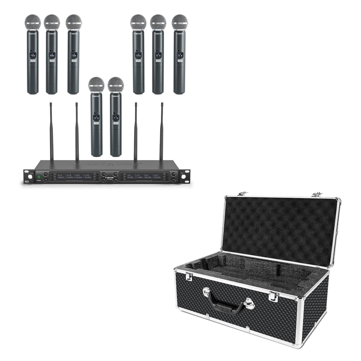 Phenyx Pro Sistema Inalámbrico de 8 Canales con 8 Micrófonos Dinámicos y Maletín