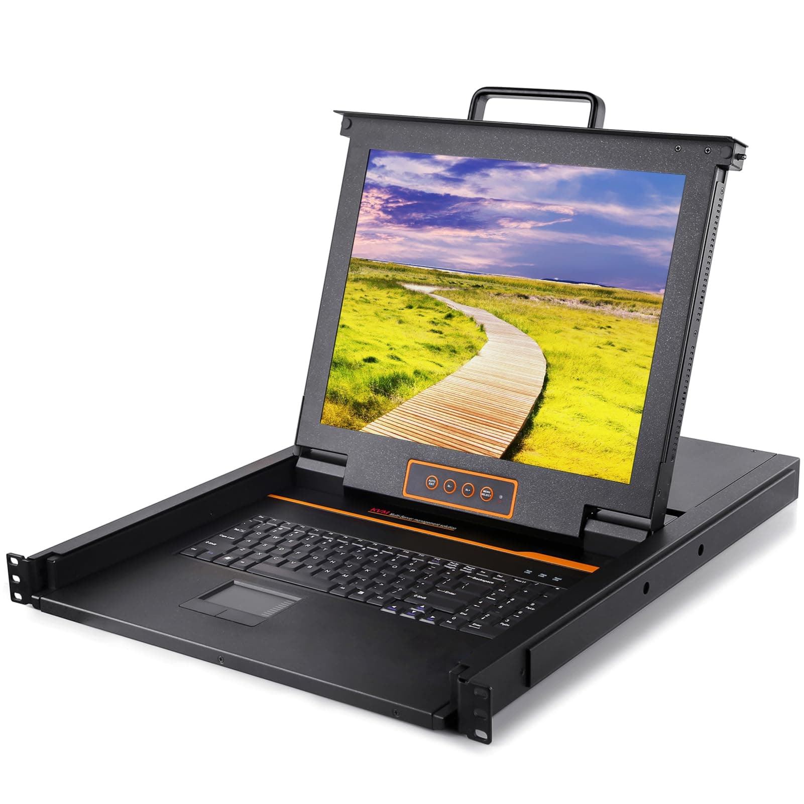 Kinan Consola KVM 1U para rack, monitor de 17" montaje en rack, teclado, puerto VGA único, 1280x1024 60Hz, incluye 1 cable KVM USB-VGA, 1 cable de alimentación, 2 soportes, 1 cable de tierra, compatible con Windows, Linux, Mac y Sun LS2701 with ground wire