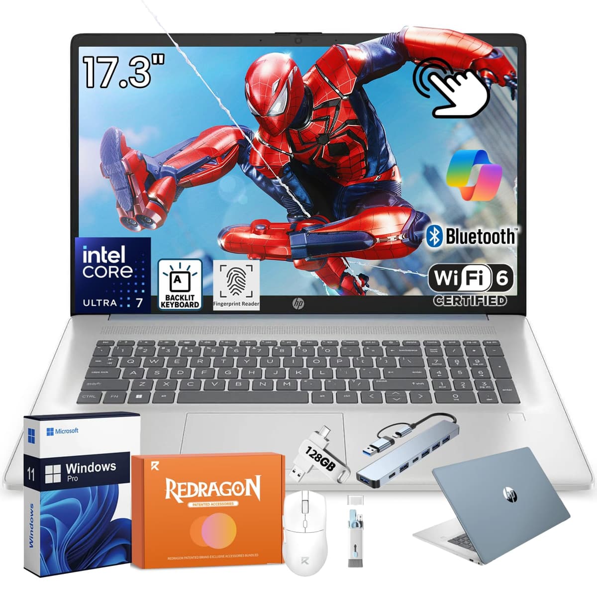 HP Laptop táctil 17", Intel Ultra 7 255U, pantalla 17.3" HD+, 64GB DDR5, SSD 2TB, Windows 11 Pro, IA integrada Intel (12 TOPS), teclado retroiluminado, Wi-Fi 6, Bluetooth 5.4, carga rápida, con accesorios Redragon 17-cn5085cl